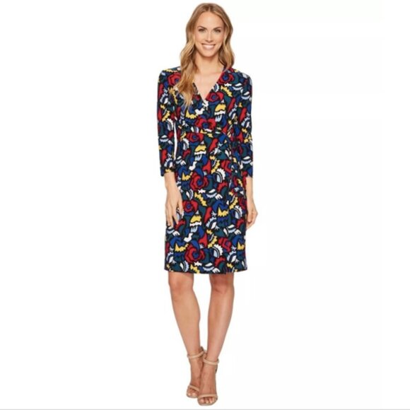 NEW Anne Klein Geometric Pattern Print Faux Wrap Midi Dress Sz. S - Picture 1 of 4